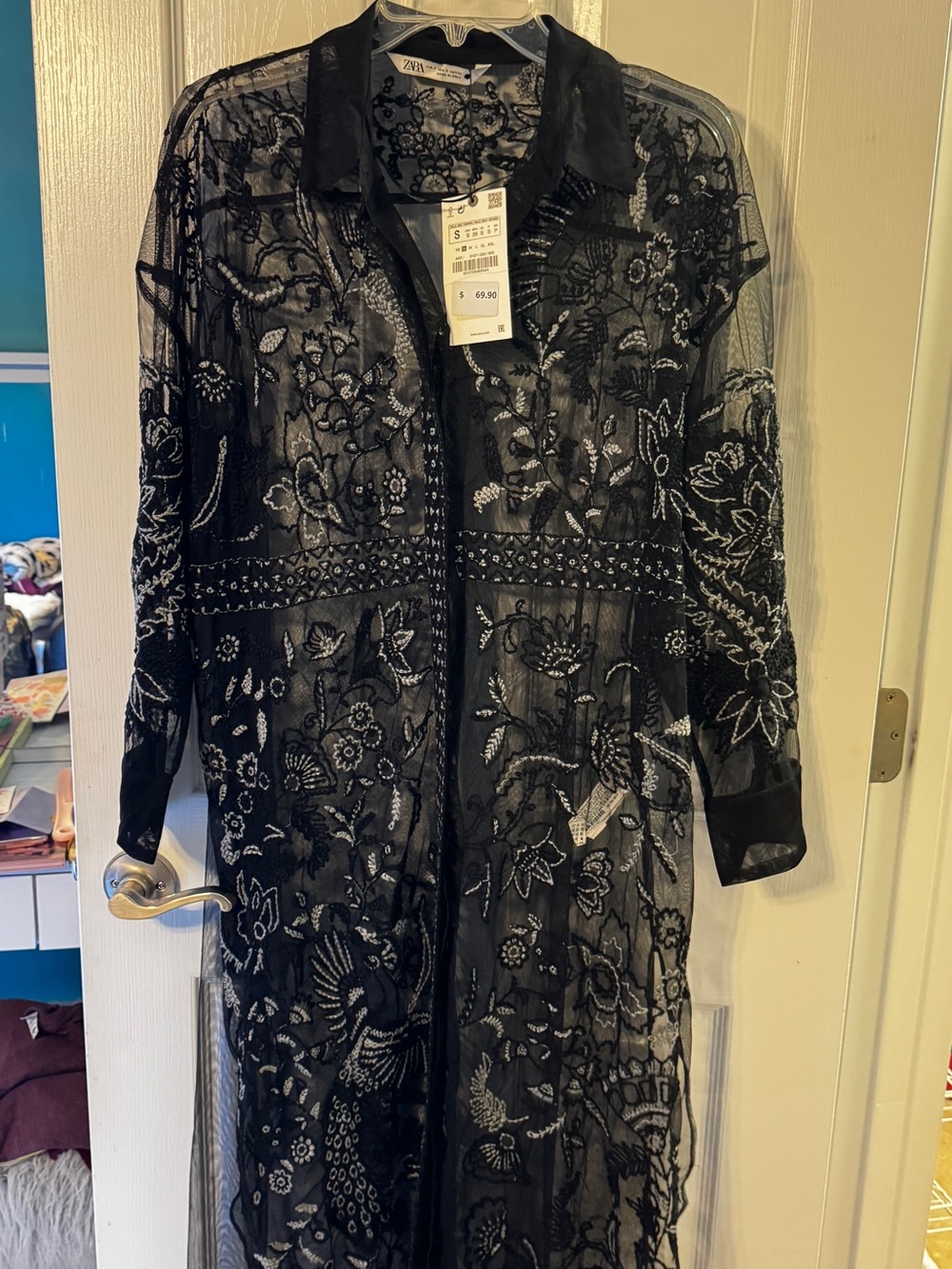 NWT: Zara Black Sheer Floral Embroidered Long Sleeve Dress